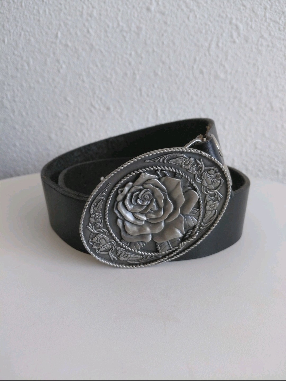 Women's Black Leather Belt with Silver Rose Buckle